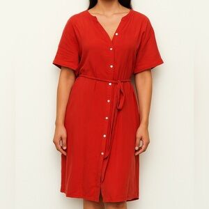 Loft Red/Orange Button Front Short Sleeve Dress w/ Waist Tie SIZE XXL